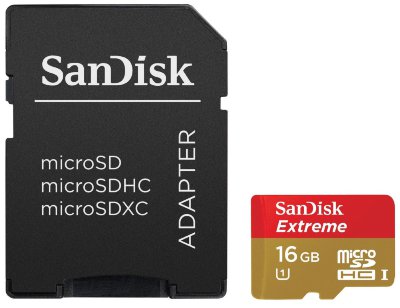 Карта памяти SanDisk Extreme microSDHC 16 Gb UHS-I 45 MB/s + Adapter  Карта памяти SanDisk Extreme • microSDHC • 16 Гб • UHS-I • Скорость до 45 Мб/сек • водостойкий и ударопрочный корпус • запись видео 4К Ultra HD • рекомендовано GoPro