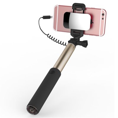 Селфи-монопод для iPhone 7/6/SE/5 c зеркалом ROCK Selfie Stick with Lightning Wire Control &amp; Mirror Gold  Монопод с подключением через разъем Lightning для iPhone с зеркальцем. Удобно снимать на основную камеру.