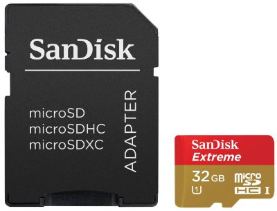 Карта памяти SanDisk Extreme microSDHC 32 Gb UHS-I 45 MB/s + Adapter  Карта памяти SanDisk Extreme • microSDHC • 32 Гб • UHS-I • Скорость до 45 Мб/сек • водостойкий и ударопрочный корпус • запись видео 4К Ultra HD • рекомендовано GoPro