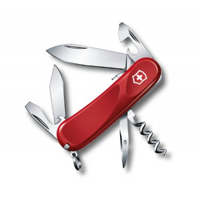 Нож Victorinox Evolution S101 2.3603.SE  Открывалка для бутылок • Плоская отвёртка с системой блокировки • Приспособление для сгибания проволоки • Шило • Штопор • Зубочистка • Пинцет • Кольцо для ключей