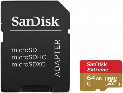 Карта памяти SanDisk Extreme microSDXC 64 Gb UHS-I 90 MB/s + Adapter  Карта памяти SanDisk Extreme • microSDXC • 64 Гб • UHS-I • Скорость до 90 Мб/сек • водостойкий и ударопрочный корпус • запись видео 4К Ultra HD • рекомендовано GoPro