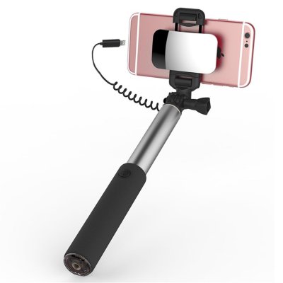 Селфи-монопод для iPhone 7/6/SE/5 c зеркалом ROCK Selfie Stick with Lightning Wire Control &amp; Mirror Space Grey  Монопод с подключением через разъем Lightning для iPhone с зеркальцем. Удобно снимать на основную камеру.