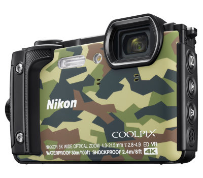 Подводный фотоаппарат Nikon Coolpix W300 Grey Camouflage  Подводный до 30 м. Выдержит падение с высоты 2,4 м, морозостойкий, не боится грязи. Есть Wi-Fi. Матрица 16 Мпикс, зум 5х, дисплей 3", снимает видео 4K UHD