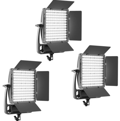 Комплект осветителей GVM LT100S (3шт)  Вид осветителя :	LED панель • Особенности конструкции :	встроенный дисплей, активное охлаждение • Мощность (макс) :	100 Вт • Светодиоды :	144 шт • Диапазон цветовой температуры :	3200 — 5600 • RGB режим :	Нет