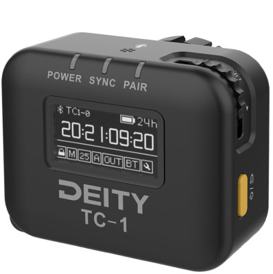 Беспроводной генератор тайм-кода Deity TC-1  Подключение : mini Jack 3.5 мм TRS • Таймкод : SMPTE • Встроенный дисплей • Управление через приложение • Встроенный микрофон • Питание : встроенный аккумулятор • Ёмкость аккумулятора : 950 мАч • Время работы : 28 ч • Каналы :	8