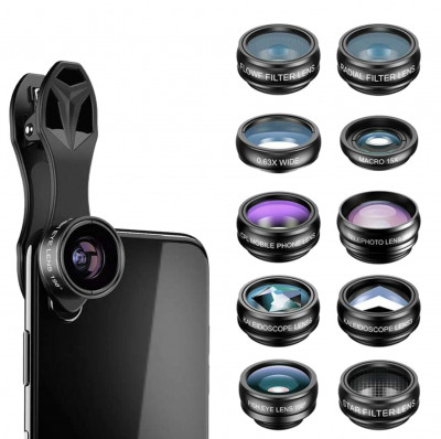 Комплект объективов Apexel 10-In-1 для смартфона  • Fisheye 198° • Wide-Angle 0.63X • Macro 15X • TELE 2X • Байонет объектива: 17 мм