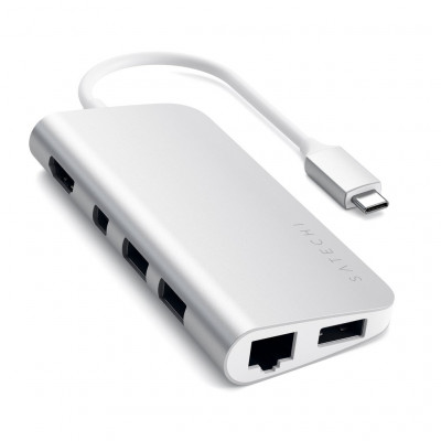 USB адаптер Satechi Aluminum Type-C Multimedia Adapter,  Silver  Компактные габариты • Три высокоскоростных порта USB 3.0 • Подключение Ethernet • Вывод изображения 4K (30 Гц) • SD-картридер • USB-C подключение
