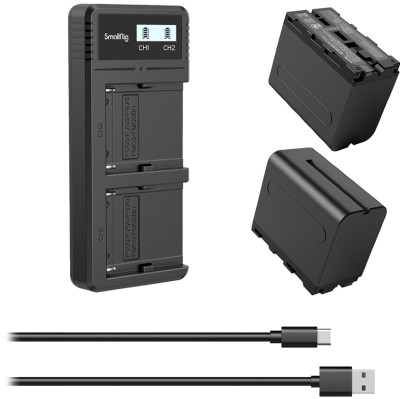 2 аккумулятора NP-F970 + зарядное устройство SmallRig 3823  Особенности конструкции :	встроенный дисплей • Вид аккумулятора :	NP-F950/960/970/980/990 • Порты :	Type-C, micro USB • Ёмкость аккумулятора :	7800 мАч