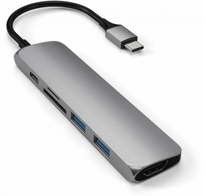 USB-C адаптер Satechi Type-C Slim Multiport Adapter V2, Space Gray  Алюминиевый корпус • Широкий набор интерфейсов • Разъем HDMI с поддержкой 4K • Поддержка технологии быстрой зарядки Power Delivery