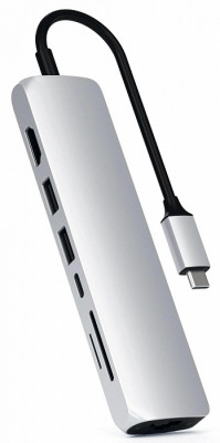 USB-C адаптер Satechi Type-C Slim Multiport with Ethernet Adapter, Silver  Алюминиевый корпус • Широкий набор интерфейсов • Разъем HDMI с поддержкой 4K • Гигабитный порт Ethernet • Встроенный кабель USB-C