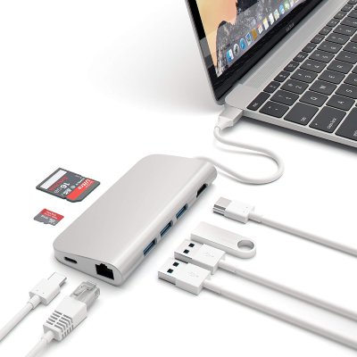 USB-хаб (концентратор) Satechi Multi-Port Adapter 4K with Ethernet Silver для MacBook Pro / Air / iPad Pro  8 портов: HDMI 1080p + 4K, Ethernet RJ-45, USB Type-C + Thunderbolt 3, SD, microSD, 3xUSB 3.0. Прочный алюминиевый корпус.