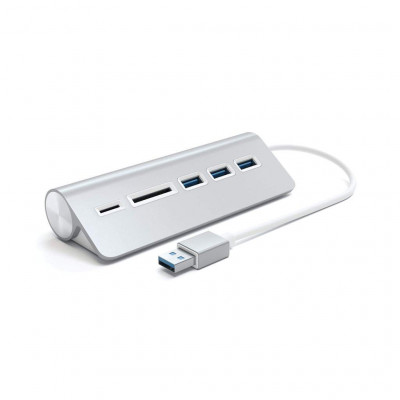 USB-хаб и кардридер Satechi Aluminum USB 3.0 Hub &amp; Card Reader, Silver  Три высокоскоростных порта USB 3.0 • Алюминиевый корпус • Слоты для карт памяти • Встроенный кабель USB-A