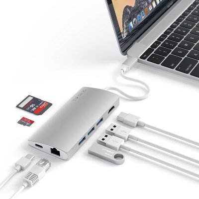 USB-хаб (концентратор) Satechi Type-C Multi-Port Adapter 4K with Ethernet V2 Silver для MacBook Pro / Air / iPad Pro  8 портов: HDMI 1080p + 4K, Ethernet RJ-45, USB Type-C + Thunderbolt 3, SD, microSD, 3xUSB 3.0. Прочный алюминиевый корпус.