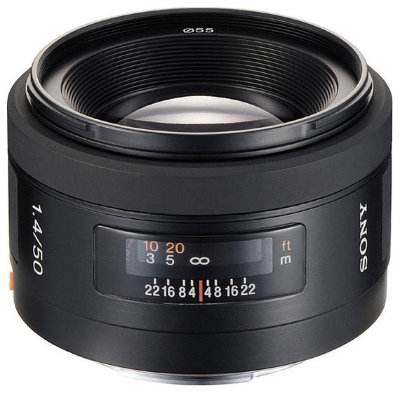Объектив Sony 50mm f/1.4 (SAL-50F14)  Стандартный объектив с постоянным ФР • Крепление Minolta A • Минимальное расстояние фокусировки 0.45 м • Автоматическая фокусировка • Вес: 220 г