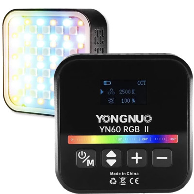 Осветитель YongNuo YN60 RGB II Чёрный  Вид осветителя :	LED панель • Особенности конструкции :	встроенный дисплей • Мощность (макс) :	6 Вт • Диапазон цветовой температуры :	2500 — 9900 • RGB режим : Да • Встроенный аккумулятор 2000 мАч, Type-C	