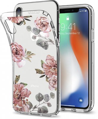 Чехол Spigen Liquid Crystal Aquarelle Rose для iPhone X/XS (057CS22623)  Оригинальный орнамент • Полностью прозрачный • Не влияет на беспроводную зарядку Qi