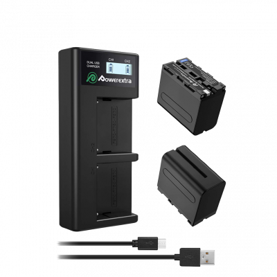2 аккумулятора + зарядное устройство Powerextra NP-F970 (micro USB)  Тип батареи Li-ion • Напряжение 7.4 В • Корпус из жаростойкого АБС пластика • Комплект состоит из двух батарей ёмкостью 8800 мАч