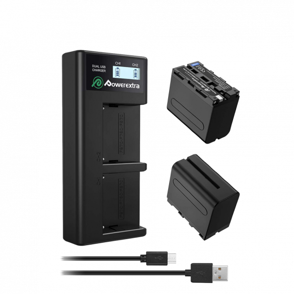 2 аккумулятора + зарядное устройство Powerextra NP-F970 (micro USB)  Тип батареи Li-ion • Напряжение 7.4 В • Корпус из жаростойкого АБС пластика • Комплект состоит из двух батарей ёмкостью 8800 мАч