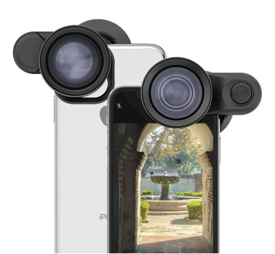 Комплект профессиональных объективов Olloclip Super-Wide + Telephoto Pro Lenses для iPhone XS Max  Набор профессиональных высок от Olloclip — полнокадровый супер-широкоугольник и телеобъектив с 2x-увеличением. Серия отличается высокой светочувствительностью и меньшими искажениями.