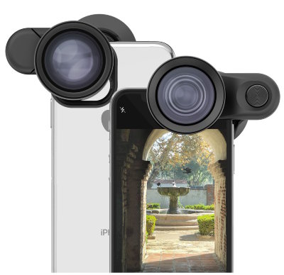 Комплект профессиональных объективов Olloclip Super-Wide + Telephoto Pro Lenses для iPhone XS  Набор профессиональных высок от Olloclip — полнокадровый супер-широкоугольник и телеобъектив с 2x-увеличением. Серия отличается высокой светочувствительностью и меньшими искажениями.