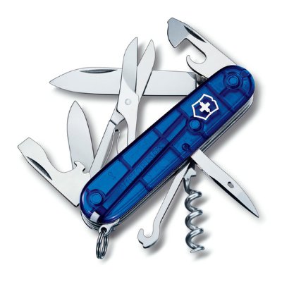 Нож Victorinox Climber 1.3703.T2 Translucent Blue  Штопор • Консервный нож • Открывалка • Шило, кернер • Кольцо для ключей • Пинцет • Зубочистка • Ножницы • Многофункциональный крюк