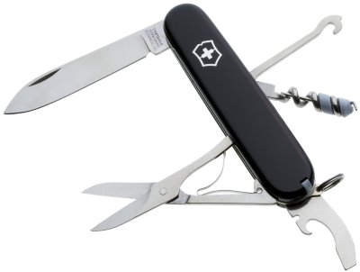 Нож Victorinox Compact 1.3405.3  Большое лезвие • Комбинированный инструмент • Штопор • Ножницы • Многофункциональный крюк • Кольцо для ключей • Пинцет • Зубочистка • Шариковая ручка • Булавка • Мини-отвертка