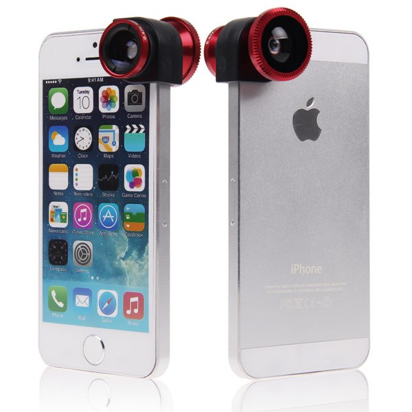 Объектив 3 в 1 Red для iPhone 5/5S угловой (Fisheye + Macro + Wide)