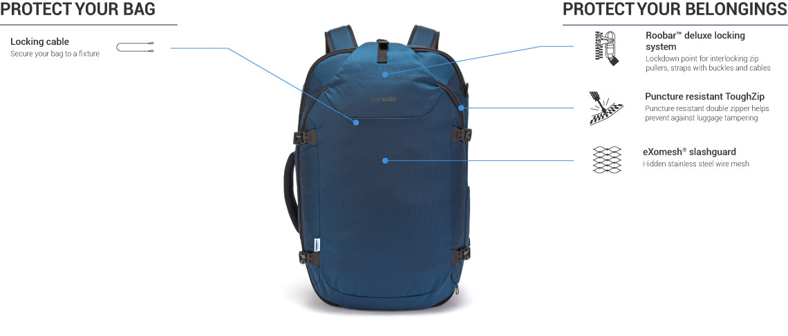 Рюкзак в ручную кладь антивор Pacsafe Venturesafe EXP45, темно-синий, 45 л.
