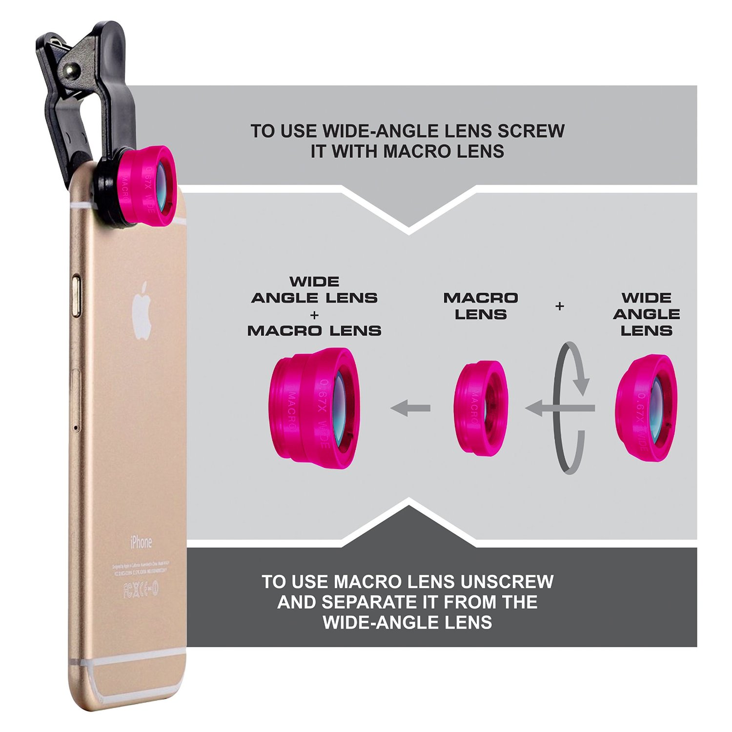 Объектив на клипсе 3 в 1 для iPhone телефонов розовый