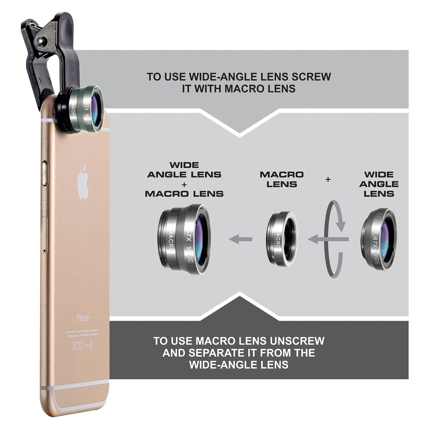 Объектив на клипсе 3 в 1 для iPhone и телефонов  Silver
