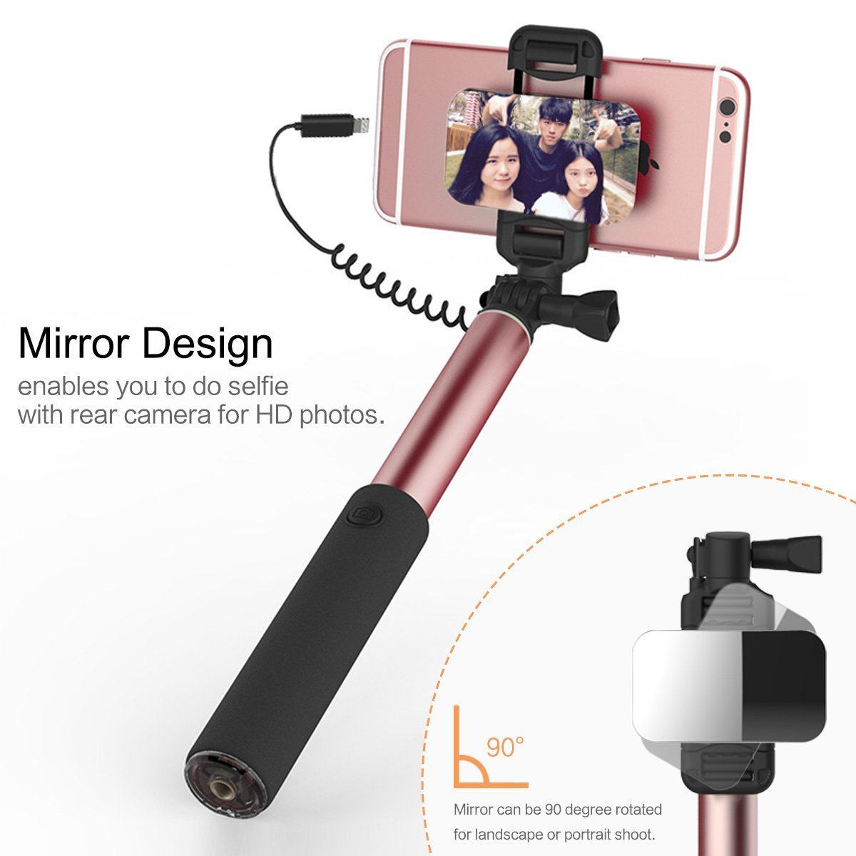 Селфи-монопод для iPhone 7/6/SE/5 c зеркалом ROCK Selfie Stick with Lightning Wire Control & Mirror