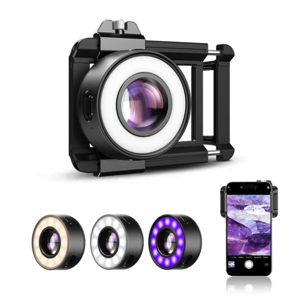Объектив Apexel Macro 120X V2 UV с подсветкой, диафрагмой и креплением для смартфонов  Макро для смартфона возможностью приближения • UV-подсветка в комплекте универсальное крепление и чехол в комплекте • Максимальная диафрагма F1.05 • Можно использовать без телефона как лупу