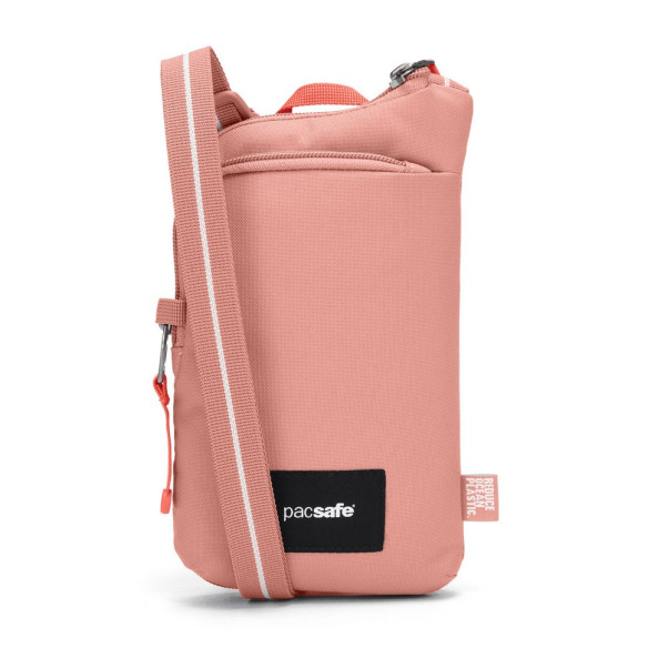 Сумка антивор Pacsafe GO Tech Crossbody, розовый, 0,2 л.  Диагональ 7 дюйма • Защитная ткань от RFID уязвимости • Безопасная застежка-молния • Блокиратор язычка молнии • Вшитые в лямку стальные стропы