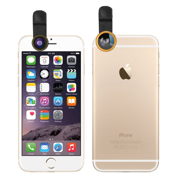 Объектив на клипсе 3 в 1 для iPhone и других телефонов — Fisheye + Macro + Wide Gold  Универсальный объектив 3 в 1 на клипсе-прищепке • легко крепится • позволяет снимать в трех плоскостях - фишай, макро и широкоугольный • подходит для iPhone и большинства смартфонов