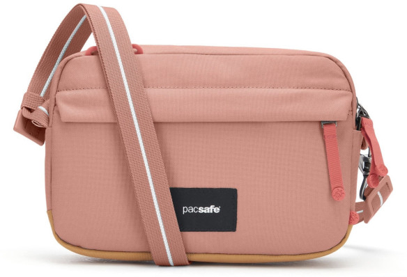 Сумка антивор Pacsafe GO crossbody pouch, розовый, 3,5 л.  Объем: 3,5 л • Защитная ткань от RFID уязвимости • Блокиратор язычка молнии • Блокировка ремня с поворотным замком • Вшитые в лямку стальные стропы