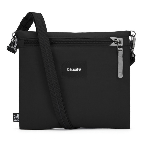 Сумка антивор Pacsafe GO crossbody pouch, черная смола, 3,5 л.  Диагональ 7 дюйма • Объем: 3,5 л • Защитная ткань от RFID уязвимости • Блокиратор язычка молнии • Блокировка ремня с поворотным замком • Вшитые в лямку стальные стропы