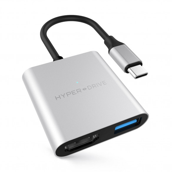 USB-хаб HyperDrive 4K HDMI 3-in-1 USB-C Hub Silver для Macbook и других устройств с USB-C  Зарядное устройство и хаб 3-в-1 • Компактный • Высокоскоростной порт USB-A • Быстрая зарядка с помощью USB-C мощностью 60 Вт • Кристально чистый видеовыход 4K 30 Гц HDR