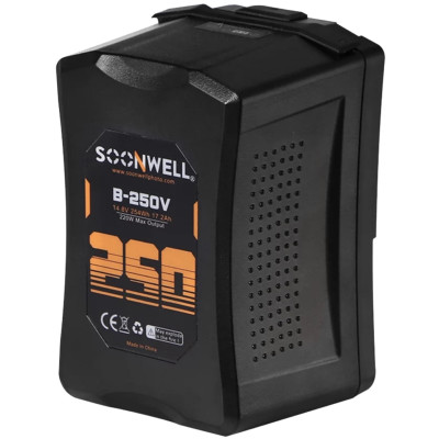 Аккумулятор Soonwell B-250V V-mount 254 Втч  Вид аккумулятора : V-mount • Ёмкость аккумулятора :	17200 мАч • Напряжение :	14.8 В • Энергия аккумулятора :	254 Втч • Циклы перезарядки :	500 • Порты :	USB, D-Tap (P-Tap)