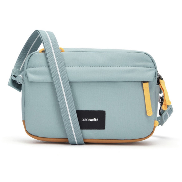 Сумка антивор Pacsafe GO Crossbody, мятный, 2.5 л.  Диагональ 7 дюйма • Объем: 2,5 л • Защитная ткань от RFID уязвимости • Блокиратор язычка молнии • Вшитая в ткань стальная сетка • Двухступенчатый карабин • Вшитые в лямку стальные стропы • Защитная ткань от RFID уязвимости • Блокиратор язычка молнии