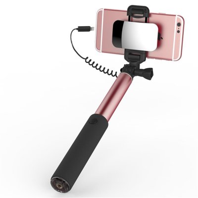 Селфи-монопод для iPhone 7/6/SE/5 c зеркалом ROCK Selfie Stick with Lightning Wire Control &amp; Mirror Rose Gold  Монопод с подключением через разъем Lightning для iPhone с зеркальцем. Удобно снимать на основную камеру.