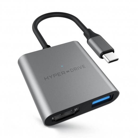 USB-хаб HyperDrive 4K HDMI 3-in-1 USB-C Hub Space Gray для Macbook и других устройств с USB-C  Зарядное устройство и хаб 3-в-1 • Компактный • Высокоскоростной порт USB-A • Быстрая зарядка с помощью USB-C мощностью 60 Вт • Кристально чистый видеовыход 4K 30 Гц HDR