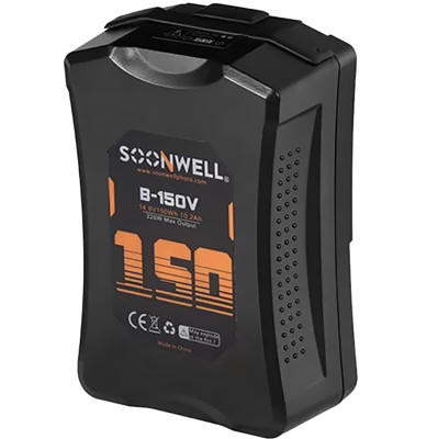 Аккумулятор Soonwell B-150V V-mount 150Втч  Вид аккумулятора : V-mount • Ёмкость аккумулятора :	10200 мАч • Напряжение : 14.8 В • Энергия аккумулятора : 150 Втч • Циклы перезарядки :	500 • Порты :	USB, D-Tap (P-Tap)