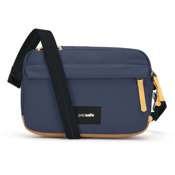 Сумка антивор Pacsafe GO Crossbody, синий, 2.5 л.  Диагональ 7 дюйма • Объем: 2,5 л • Защитная ткань от RFID уязвимости • Блокиратор язычка молнии • Вшитая в ткань стальная сетка • Двухступенчатый карабин • Вшитые в лямку стальные стропы • Защитная ткань от RFID уязвимости • Блокиратор язычка молнии