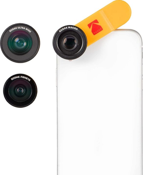 Набор объективов для смартфона KODAK Smartphone 3-in-1 Lens Set (Ultra Wide + Macro+Fisheye) KPA001  Набор объективов для смартфона • Макролинза: 15-кратное увеличение • Рыбий глаз: 170 градусов • Широкоугольная линза: 18 мм угол 100 градусов