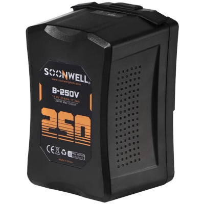 Аккумулятор Soonwell B-250V V-mount 254 Втч  Вид аккумулятора : V-mount • Ёмкость аккумулятора :	17200 мАч • Напряжение : 14.8 В • Энергия аккумулятора : 254 Втч • Циклы перезарядки : 500 • Порты :	USB, D-Tap (P-Tap)
