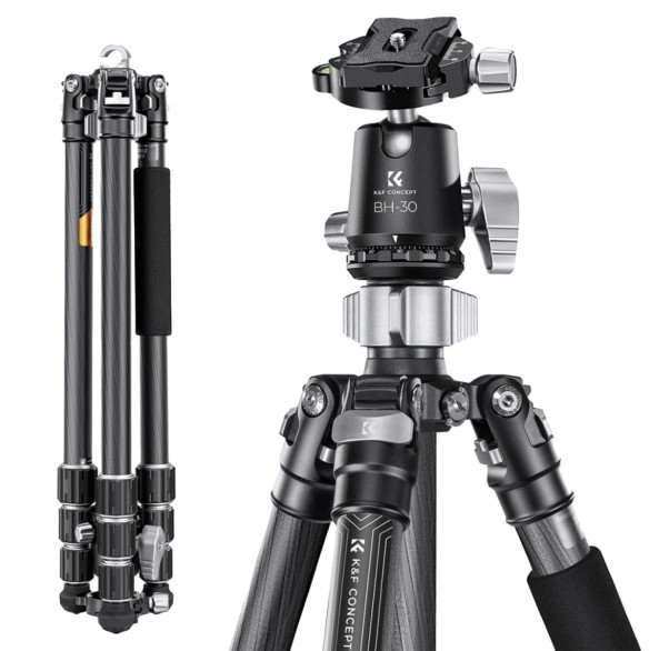 Штатив K&amp;F Concept X254C4 с головой BH-30  Тип штативной головы шаровая • Крюк для груза • Быстросъёмная площадка Arca Swiss • Максимальная нагрузка головы 12 кг • Высота с опущенной центральной колонной 1553 мм • Максимальная нагрузка 12 кг • Трансформируется в монопод • Минимальная высота монопода 530 мм • Максимальная высота монопода 1810 мм • Посадочное крепление 1/4"