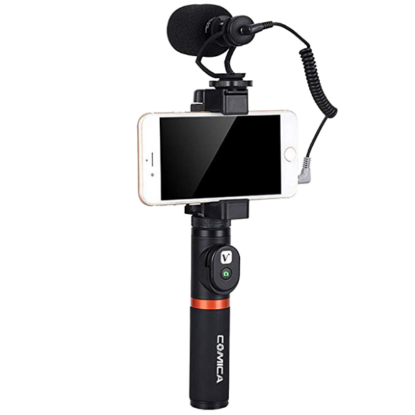 Микрофон для блогера с моноподом и пультом Comica COMICA CVM-VM10-K3  Суперкардиоидный профессиональный микрофон • ворсовая ветрозащита • Надежный держатель • bluetooth пульт