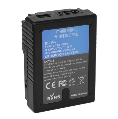 Аккумулятор Ruibo BP-V47 V-mount 3300мАч  Вид аккумулятора : V-mount • Ёмкость аккумулятора : 3200 мАч • Напряжение : 14.8 В • Энергия аккумулятора : 47 Втч • Перезаряжаемый : Да