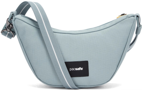 Сумка антивор Pacsafe GO Lunar crossbody, мятный, 2,5 л.  Окружность через плечо (макс. - мин.) 165-58 см • Объем: 2,5 л • Защитная ткань от RFID уязвимости • Вшитая в ткань стальная сетка • Вшитые в лямку стальные стропы • Блокировка ремня с поворотным замком • Блокиратор язычка молнии