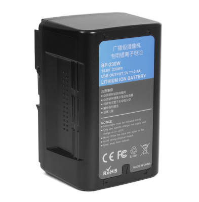 Аккумулятор Ruibo BP-230W V-mount 230 Втч  Вид аккумулятора : V-mount • Напряжение : 14.8 В • Энергия аккумулятора : 230 Втч • Порты : USB, D-Tap (P-Tap)
